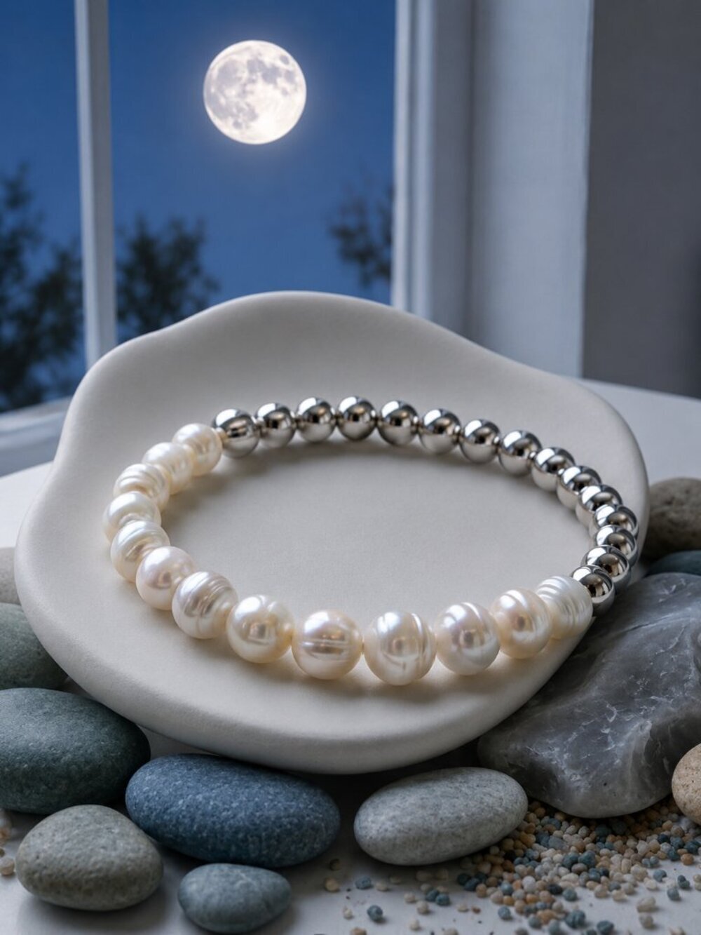 Freshwater Pearl and Steel Bead Stretch Bracelet Half and Half Clean Girl 6.3"